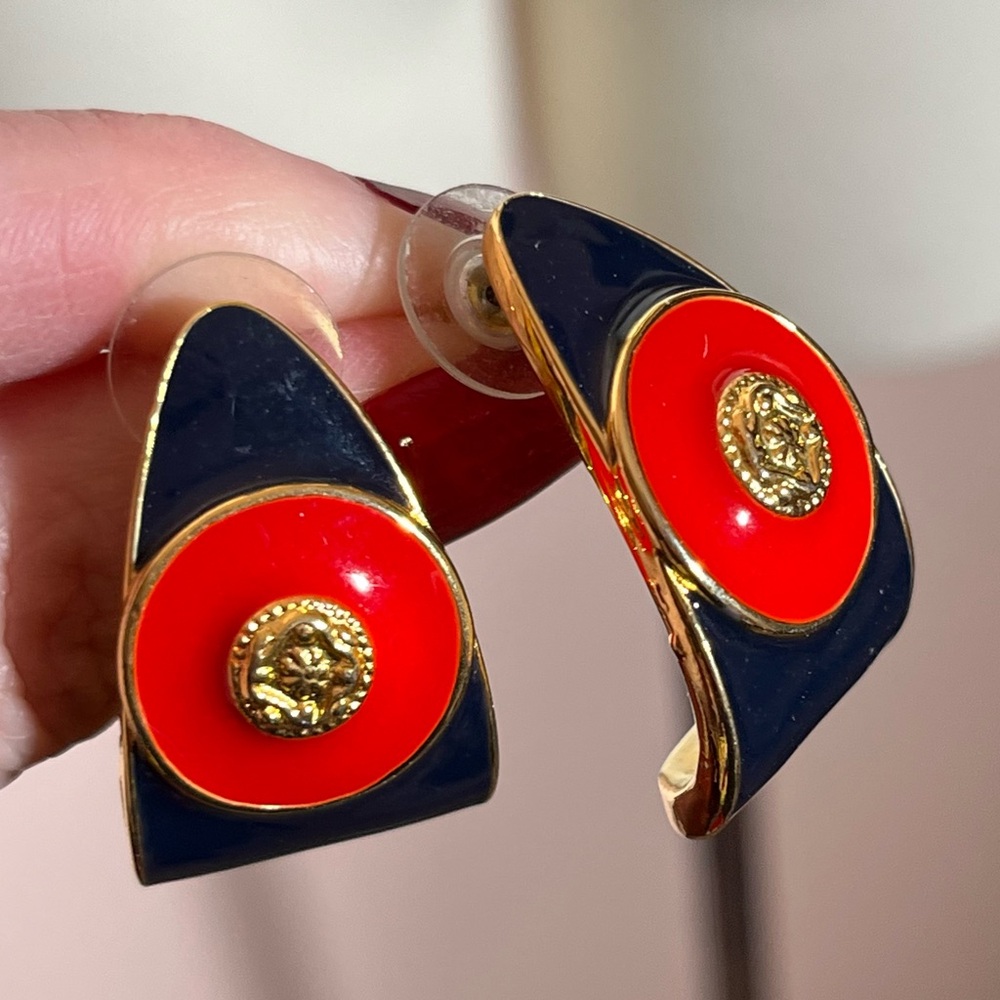 Vintage 1980 90 retro Heavy Gold Red Blue Byzantine oversized Half hoop Earrings - Picture 3 of 13